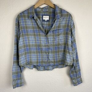 American Eagle S Cropped Linen Blend Plaid Shirt Button Up Fall Cottagecore